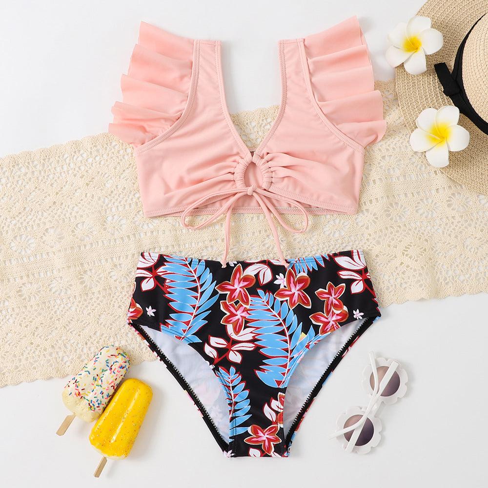 Girls Split Swimwear Leaf Print Fashion Swimsuit