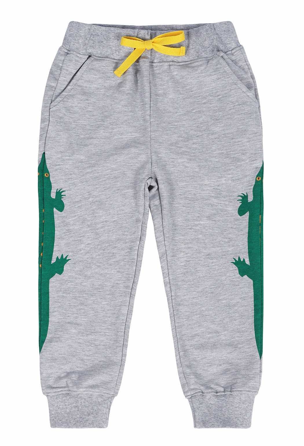Children's gray sweatpants with green cartoon alligator print and yellow drawstring.