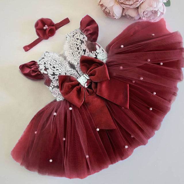 Toddler Baby Girls Lace Bow with Pearls Dresses