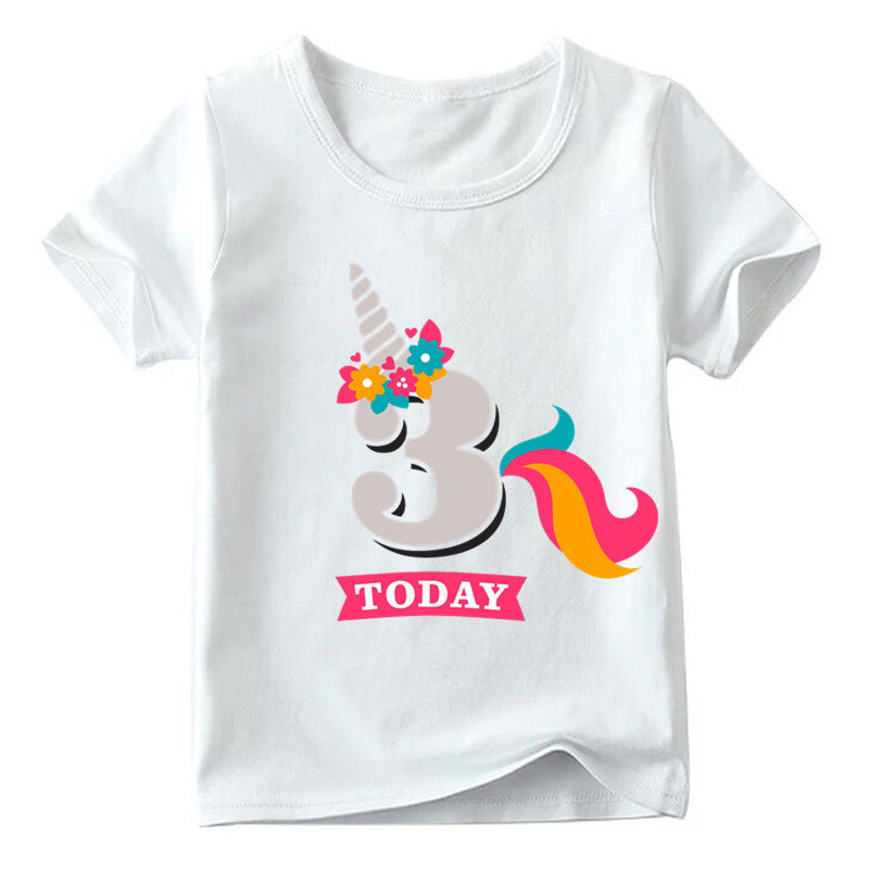 Children's Age 1-9 Birthday Printed Round Neck Short-sleeved Shirt