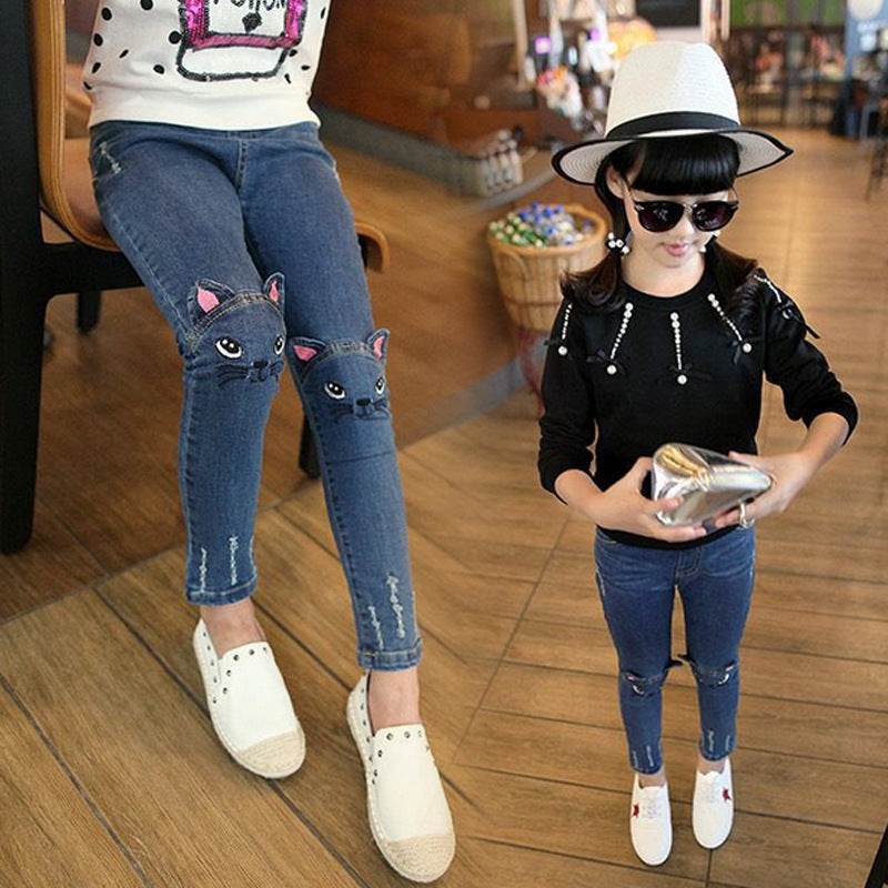 Girls Cat Embroidery Spring And Autumn Straight Leg Jeans