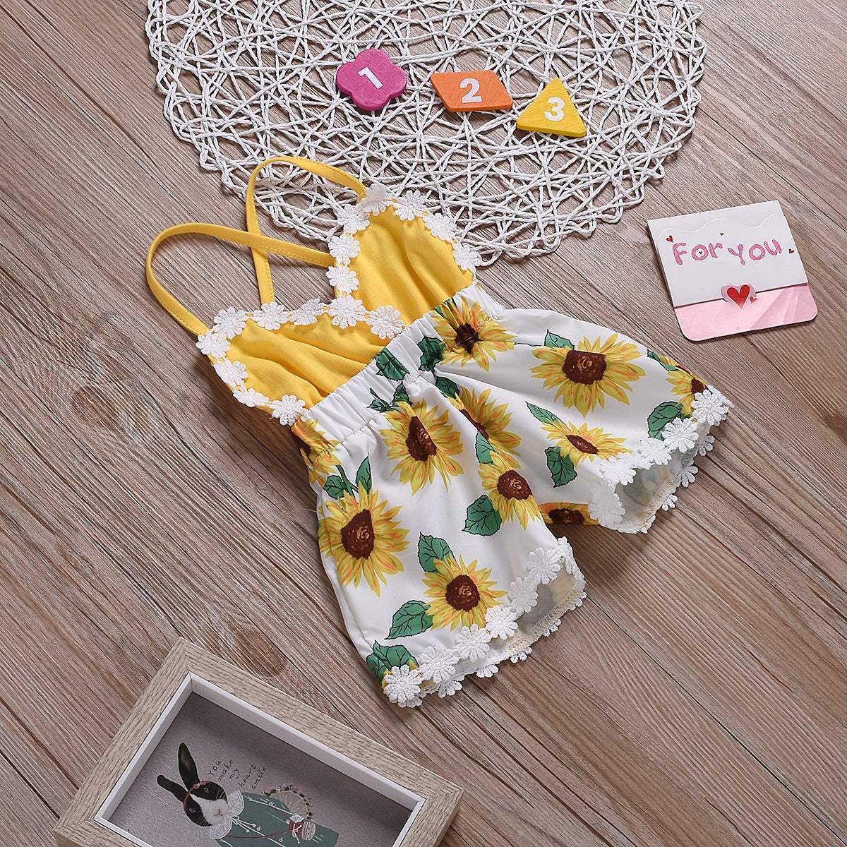 Baby Girls Sunflower Sling Lace Jumpsuit