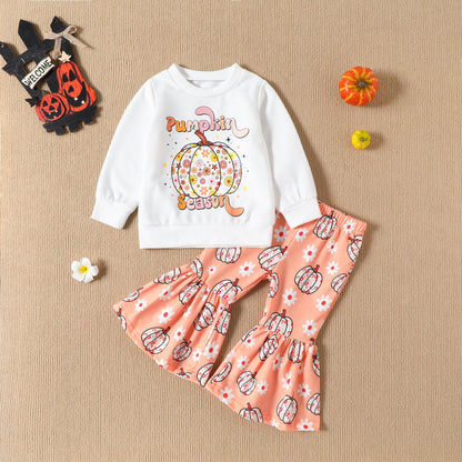 Pumpkin Season Long Sleeve Sweater Bell-bottom Halloween Pants Set