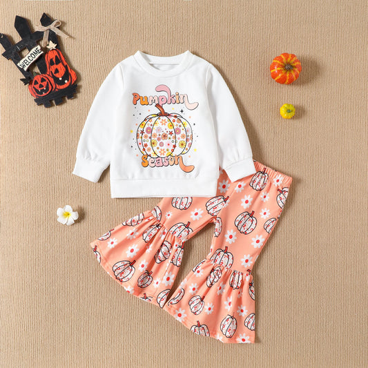 Pumpkin Season Long Sleeve Sweater Bell-bottom Halloween Pants Set