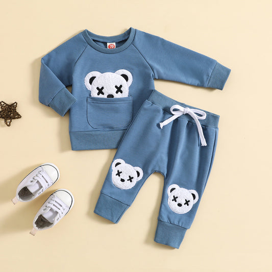 Boy's Bear Embroidered Round Neck Sweater Two-piece Set