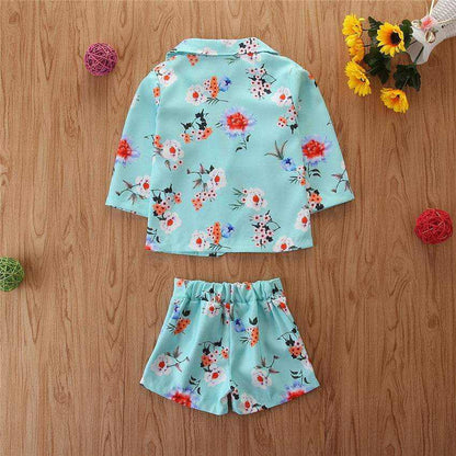 Girls Spring Western Style Flower Jacket And Shorts Suit