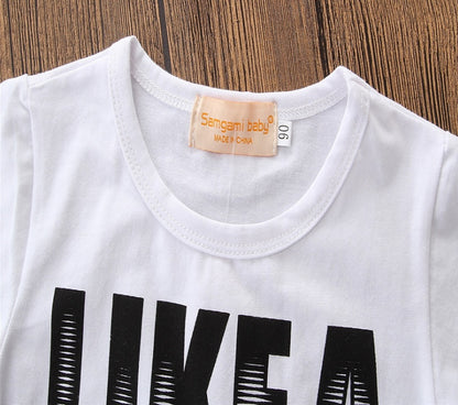 Kids Short Sleeve Letter Boss T-shirt Denim Shorts Two-Piece Set