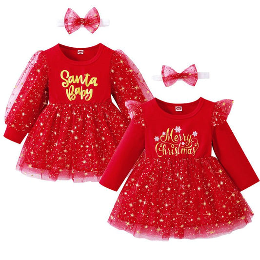 Santa Letter Printed Mesh Puff Long sleeve Dress with Bow