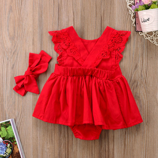 Frilled Red Lace One-Piece Dress