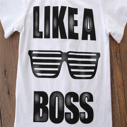 Kids Short Sleeve Letter Boss T-shirt Denim Shorts Two-Piece Set