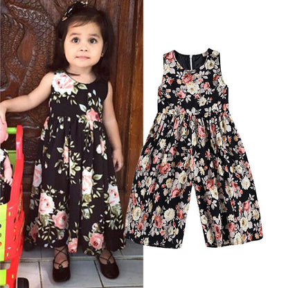 Loose Style Floral Girls Cotton Romper Wide-Leg Pants