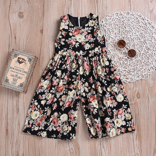 Loose Style Floral Girls Cotton Romper Wide-Leg Pants