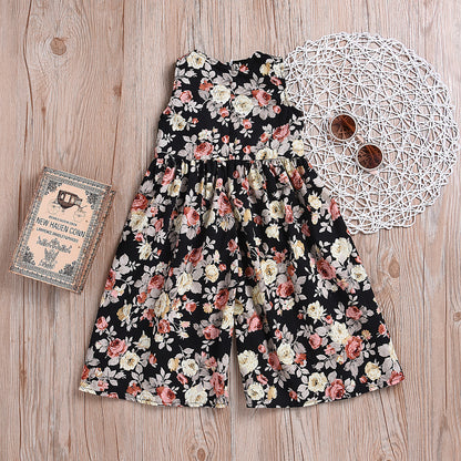 Loose Style Floral Girls Cotton Romper Wide-Leg Pants