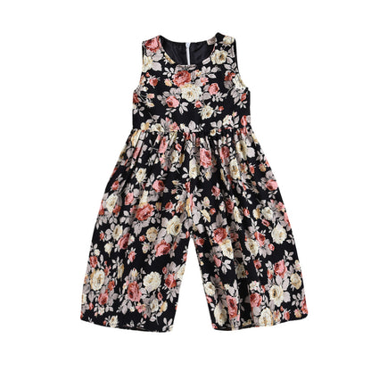 Loose Style Floral Girls Cotton Romper Wide-Leg Pants