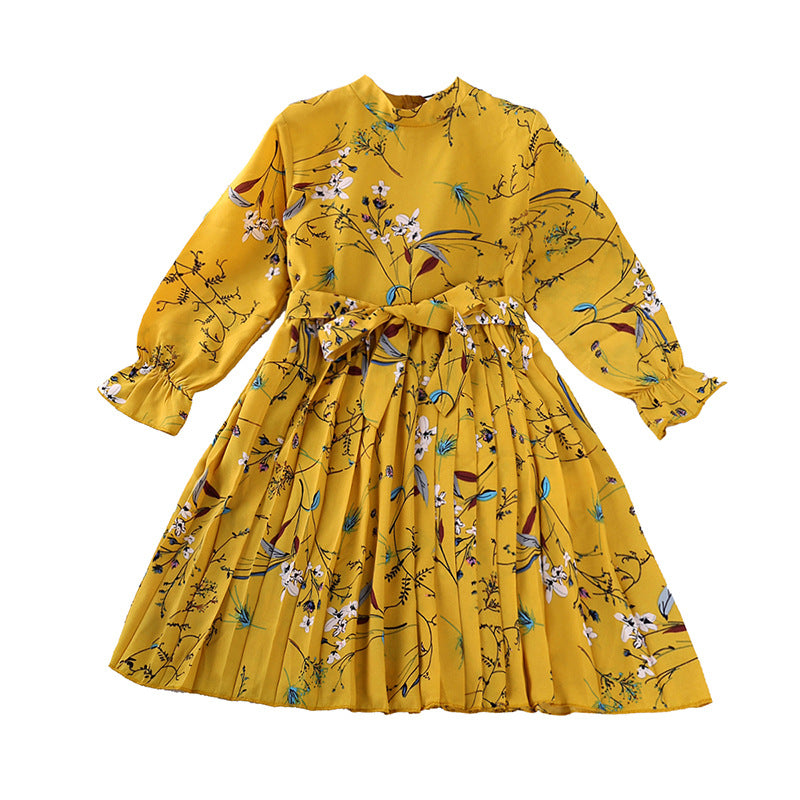 Kids Casual Long Sleeve Pleated Floral Dress