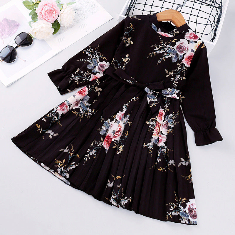 Kids Casual Long Sleeve Pleated Floral Dress