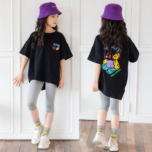 Cartoon Bear Irregular Top Short-sleeved Shirt or Grey Leggings