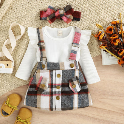 Girls Pattern Overalls with Long Sleeve Ruffle Shirt
