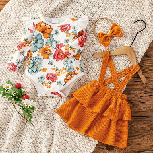 Baby Girls Long Sleeve Floral Shirt with Orange Suspender Skirt Set