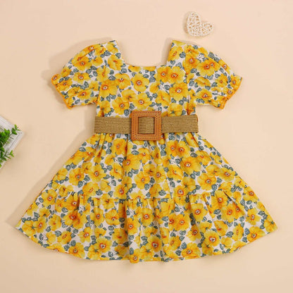 Baby Girls Floral Casual Dress With Mid waist Brown Belt