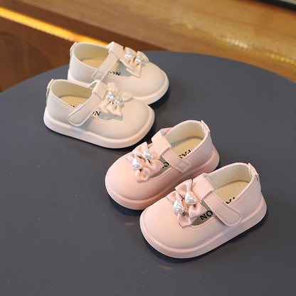 Little Girls Leather Two Bow Soft Bottom Style Shoes