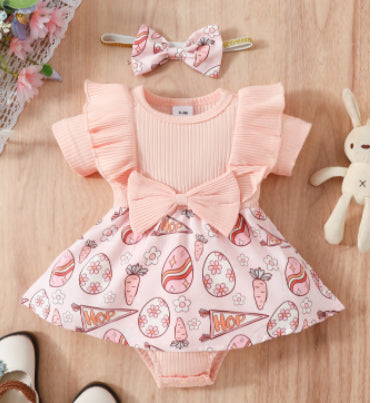 Baby's Easter Floral Egg Bow Two Pieces Triangle Romper