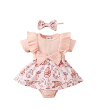 Baby's Easter Floral Egg Bow Two Pieces Triangle Romper