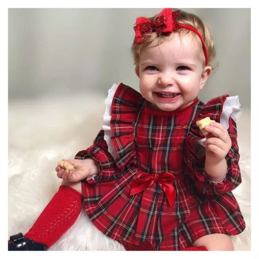 Cute Bow Baby Girls Lace Trim Red Plaid Small Suit