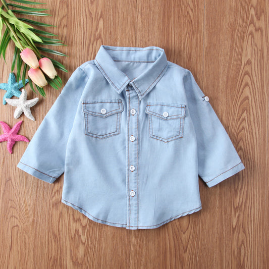 Fall Kids Long Sleeve Lapel Denim Shirt