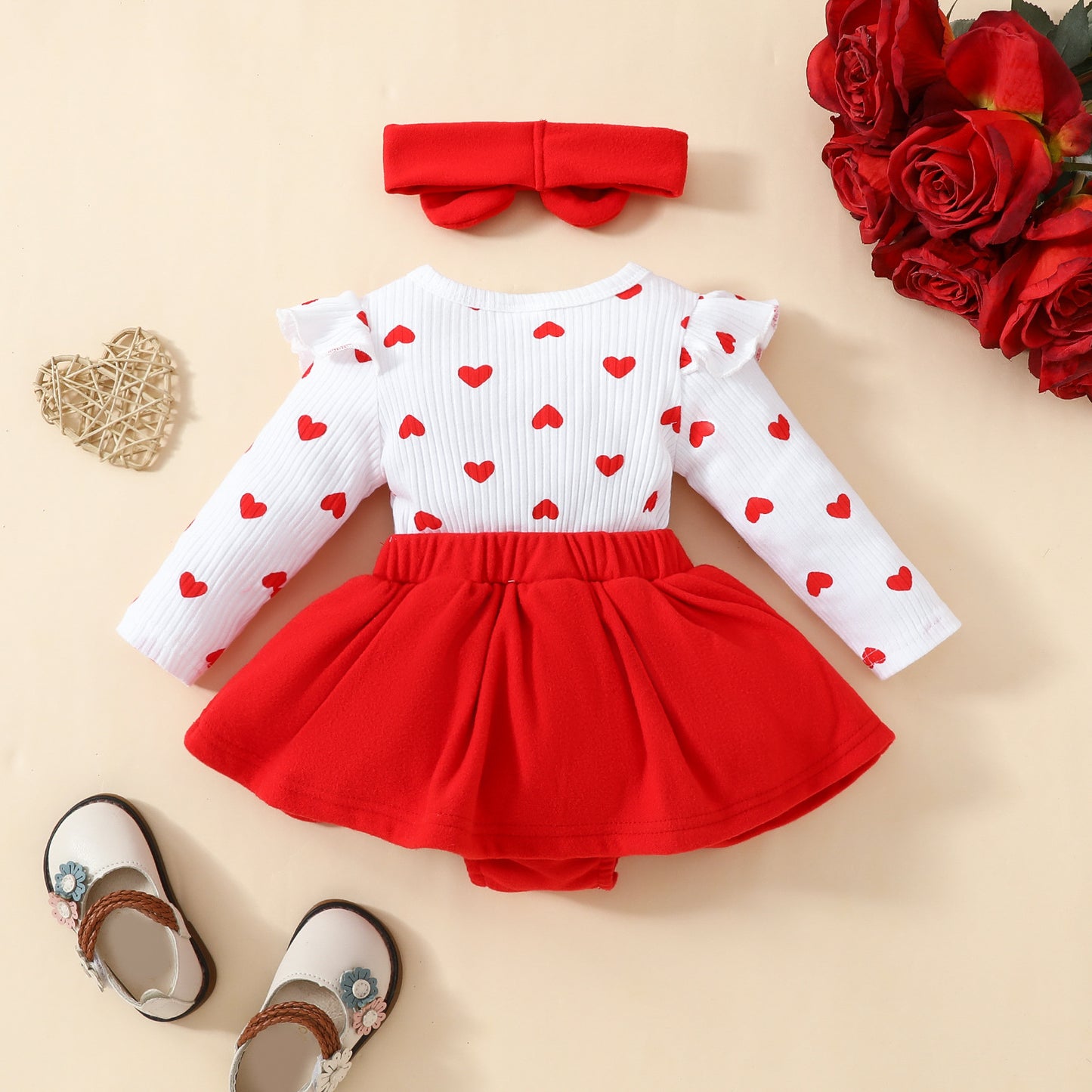 Baby Valentine's Day Long Sleeve Romper Big Love Suspenders Outfit