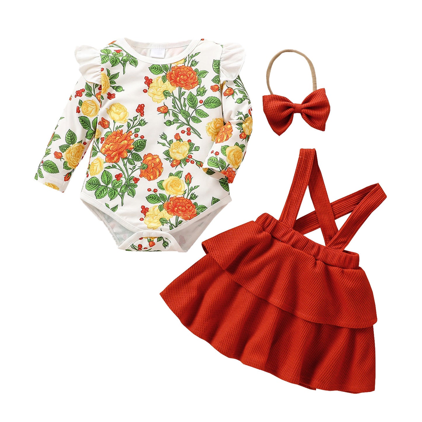 Baby Girls Long Sleeve Floral Shirt with Orange Suspender Skirt Set