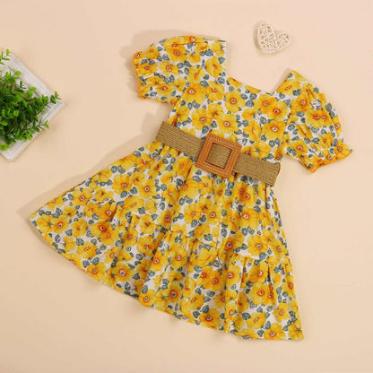 Baby Girls Floral Casual Dress With Mid waist Brown Belt