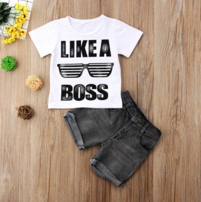 Kids Short Sleeve Letter Boss T-shirt Denim Shorts Two-Piece Set
