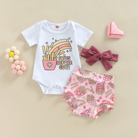 Baby girls short-sleeved fries set with blouse and shorts, white and pink, Korean style.