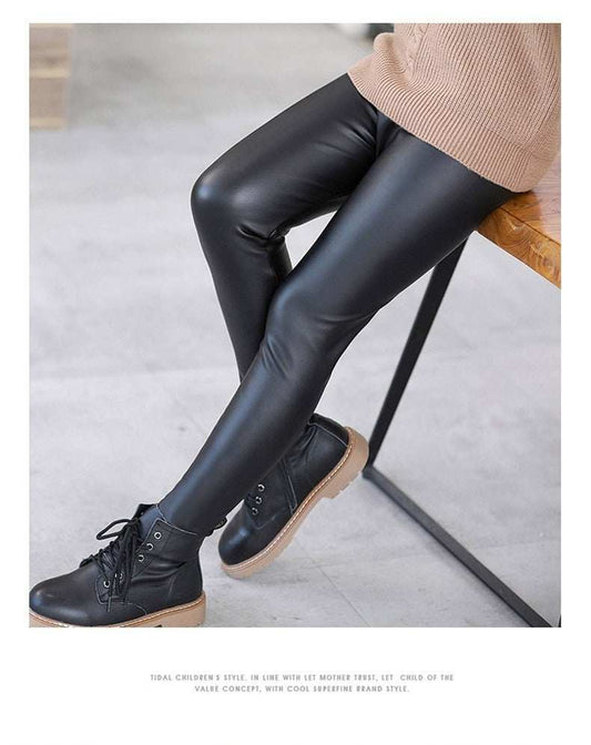 Girls Winter Style Solid Colors Fleece Leather legging Pants