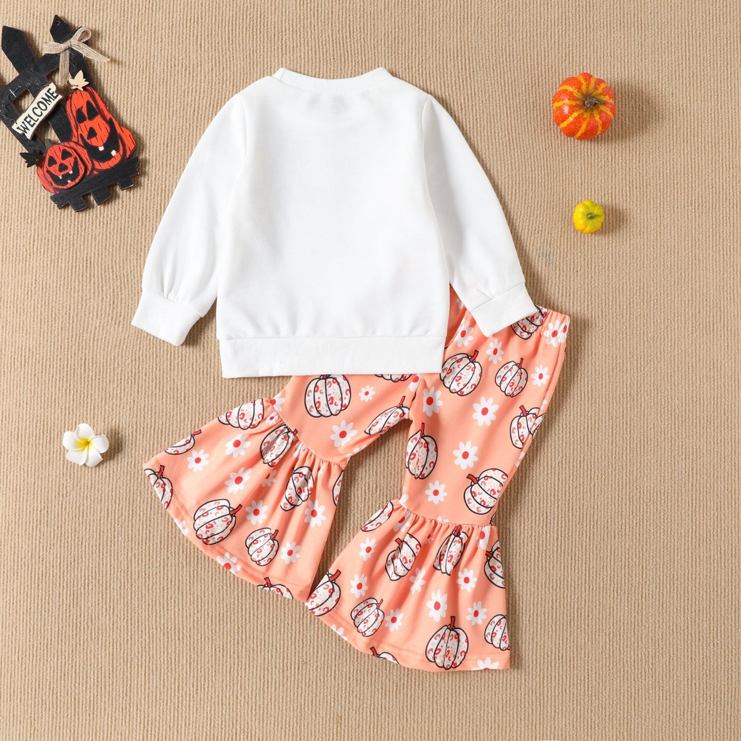 Pumpkin Season Long Sleeve Sweater Bell-bottom Halloween Pants Set