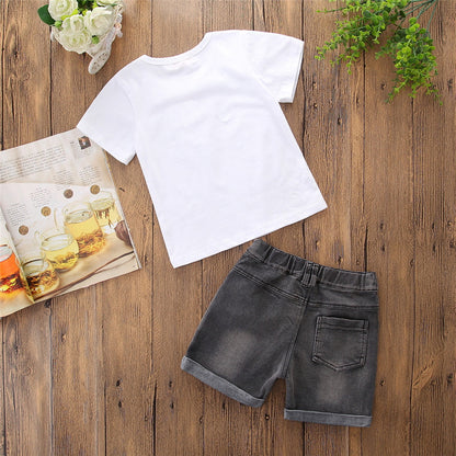 Kids Short Sleeve Letter Boss T-shirt Denim Shorts Two-Piece Set