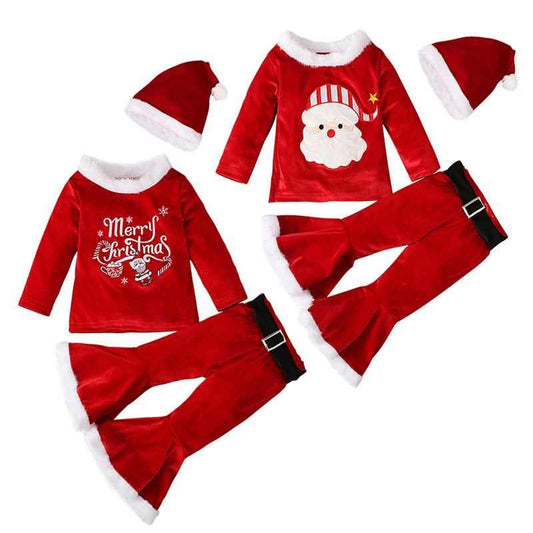 Christmas Plush Top Bell-bottom Pants Hat Three-piece Set