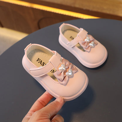 Little Girls Leather Two Bow Soft Bottom Style Shoes