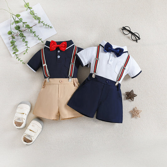 Children's Summer Polo Collar Top Suspender Shorts Set