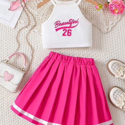 Girls Cheer Beautiful Halter Top With Pleated Skirt Set