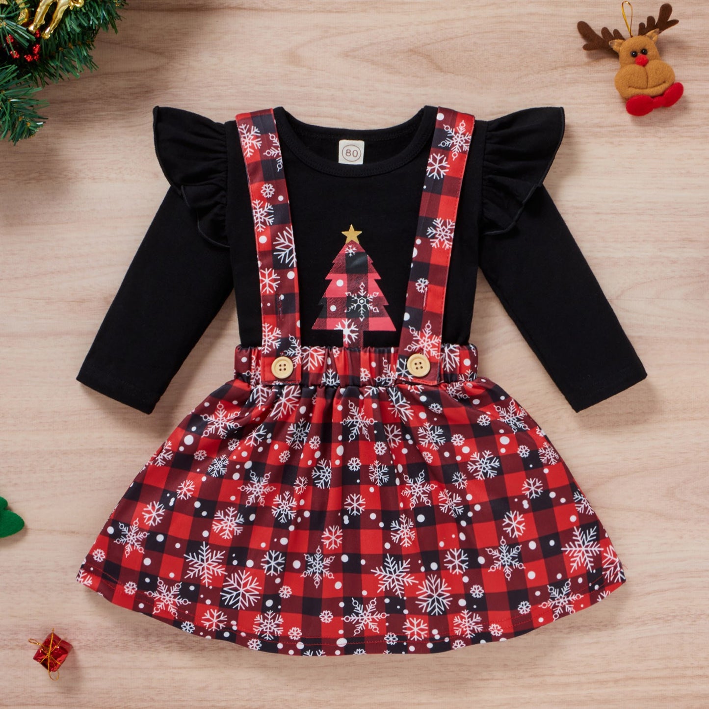 Baby Girls Christmas Print Ruffle Long Sleeve T-shirt Plaid Skirts Set