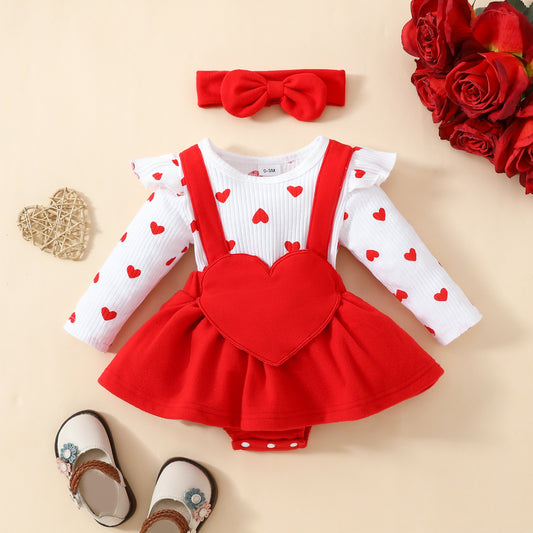 Baby Valentine's Day Long Sleeve Romper Big Love Suspenders Outfit