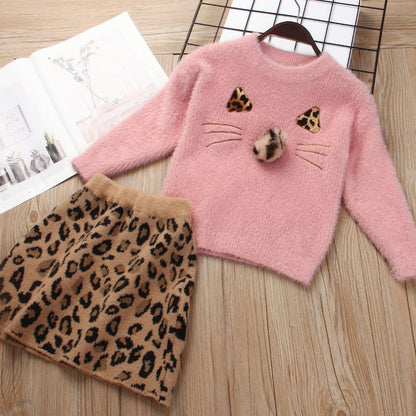 Girls Knitted Cat Face Sweater Set