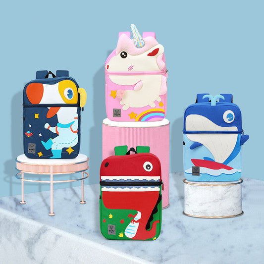 Korean cute children cartoon school bags featuring unicorn, dinosaur, dog, and whale designs on display.
