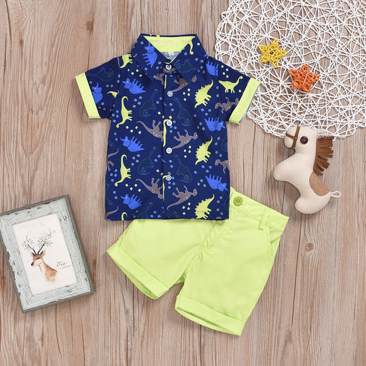 Blue Printed Dinosaur Short-sleeved with Shorts Set