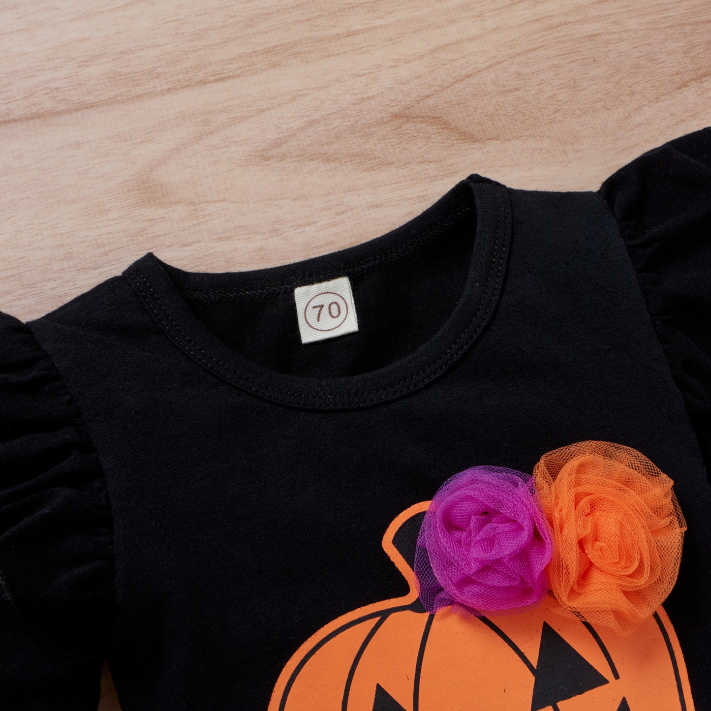Halloween Black Romper Printed Smiley Face Pumpkin Mesh Skirt Three-piece Set