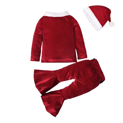 Winter Christmas Long-sleeved Shirt Bell Bottoms Pants With Hat Three-piece Set