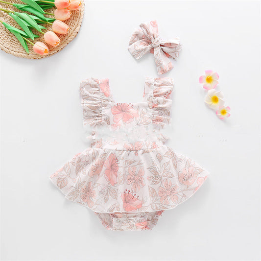 Girls fashion flower one-piece romper with matching headband, sleeveless cotton outfit.