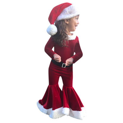 Winter Christmas Long-sleeved Shirt Bell Bottoms Pants With Hat Three-piece Set